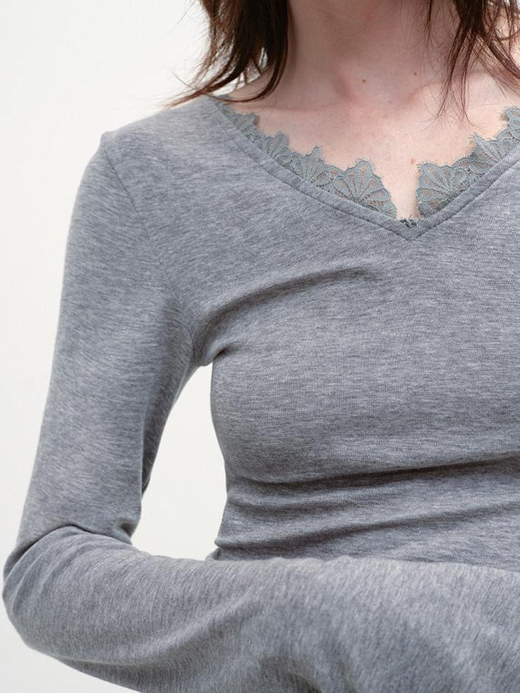RUN TO THE FUTURE Lyocell Wool Moisture Wicking Slim V-neck Lace Trim Women Long Sleeve T-Shirts