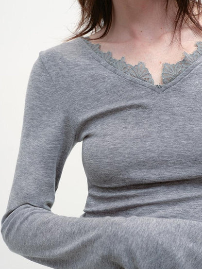 RUN TO THE FUTURE Lyocell Wool Moisture Wicking Slim V-neck Lace Trim Women Long Sleeve T-Shirts