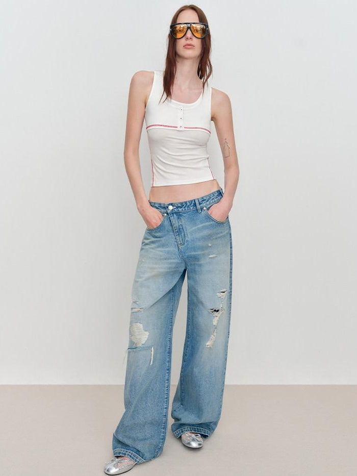 RUN TO THE FUTURE Durable Distressed Low Rise Loose Fit Casual Light Blue Denim Wide-Leg Jeans
