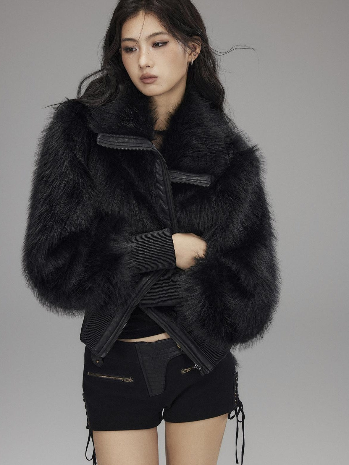 Low pixel Warm Thick Black Sexy Slim Fit Spandex Zipper Lapel Women Cropped Jackets