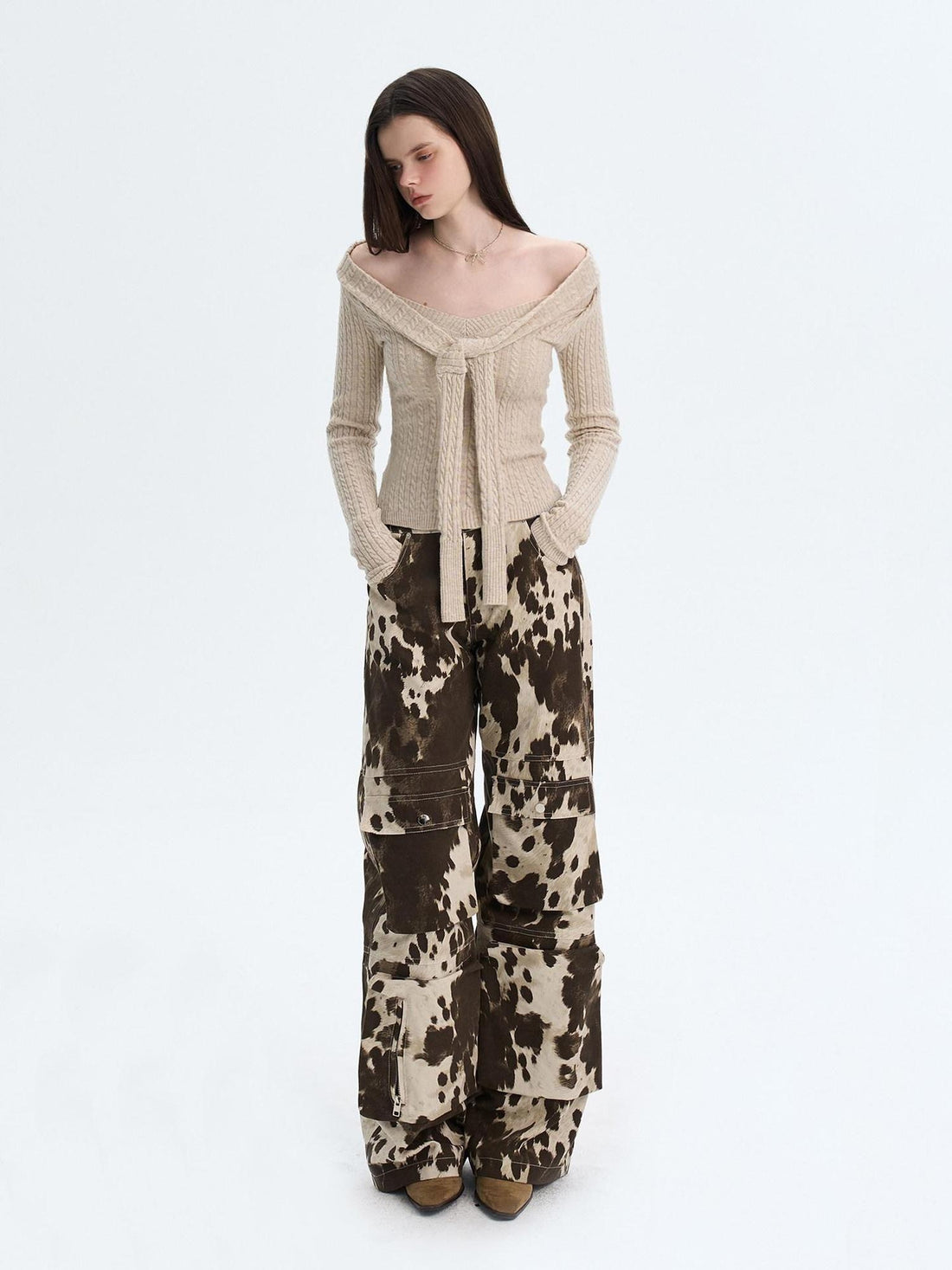 The NeverMore Khaki Wool Blend Slim Fit Layered Tie Detail Off Shoulder Pullover Sweaters