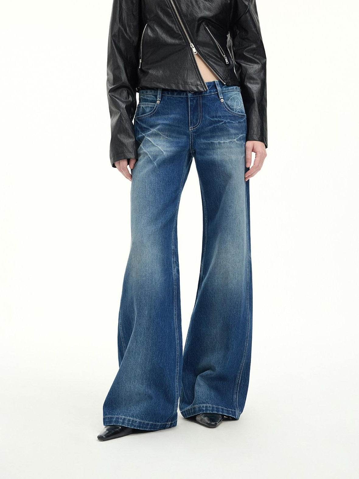 RUN TO THE FUTURE Vintage Blue Washed Mid Rise Cotton Zipper Women No Stretch Straight Jeans