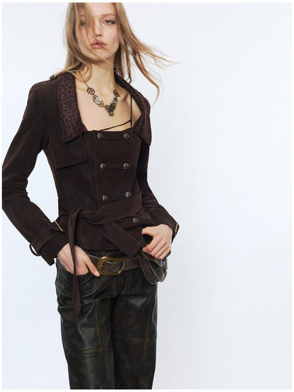 2th Desire Waist Cinch Punk Leopard Print Slim Fit Zip Short Women Trench Coats