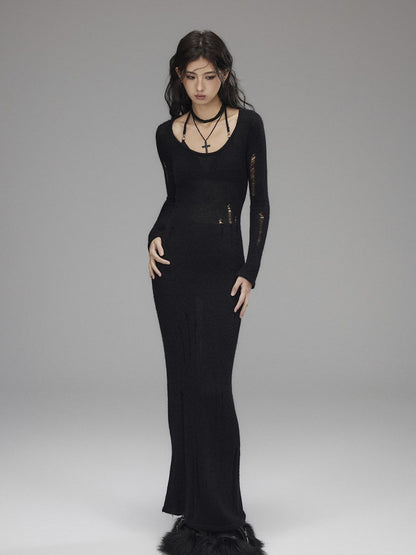 Low pixel Waist Defining Wool Knit Tassel Casual Long Sleeve Round Neck Black Maxi Dresses