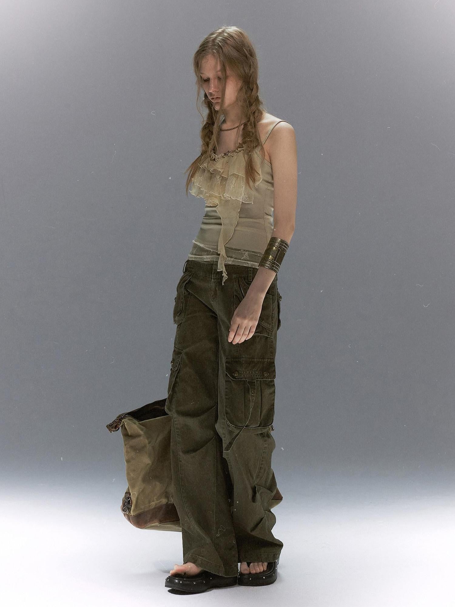Cest Nous Leaf Tie Dye Beaded Lace V-neck Layered Ruffle Women&