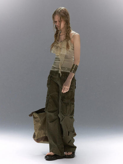 Cest Nous Leaf Tie Dye Beaded Lace V-neck Layered Ruffle Women&