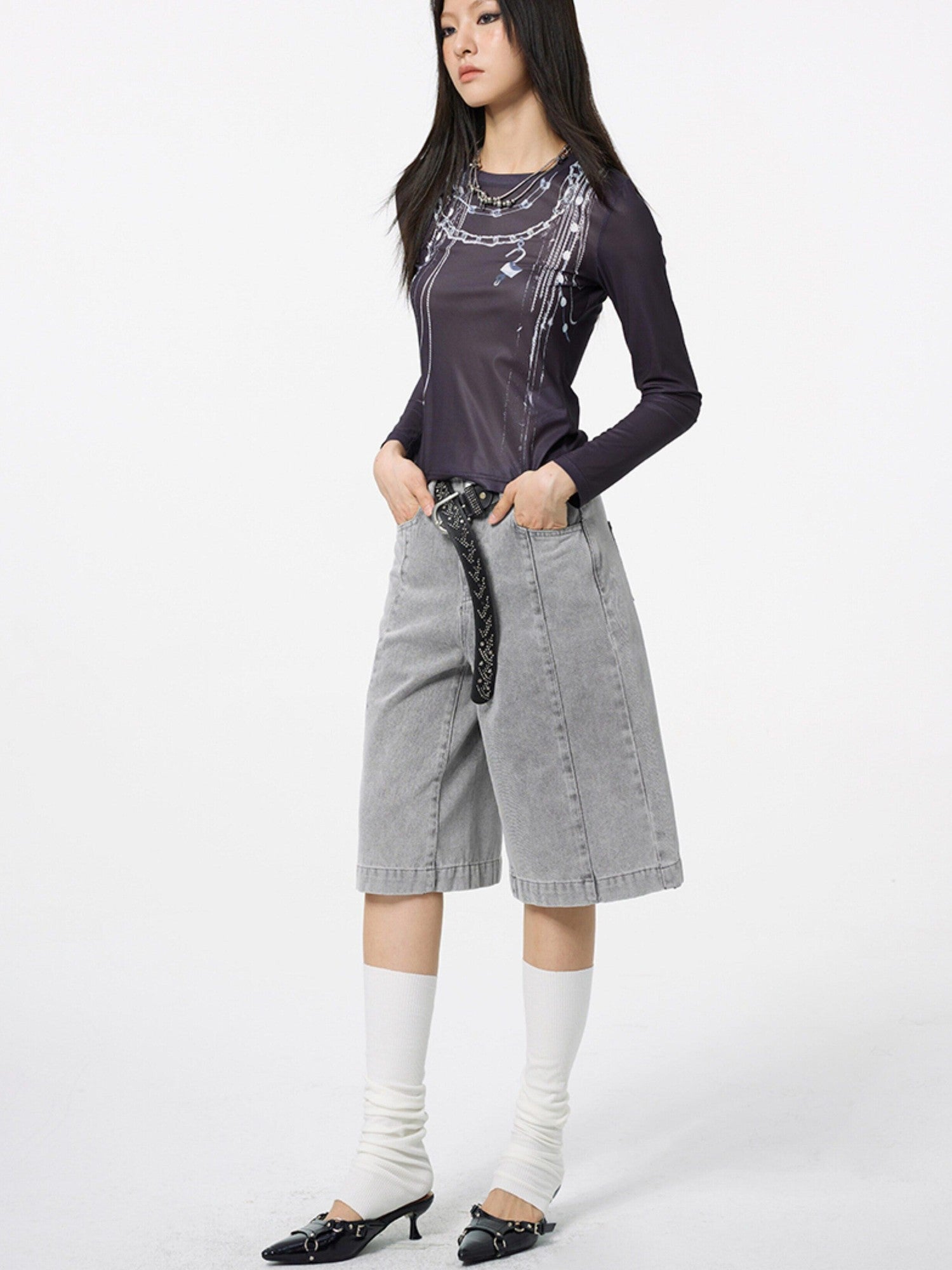 DKZ OFFICIAL Chain Print Mesh Slim Fit Round Neck Women&