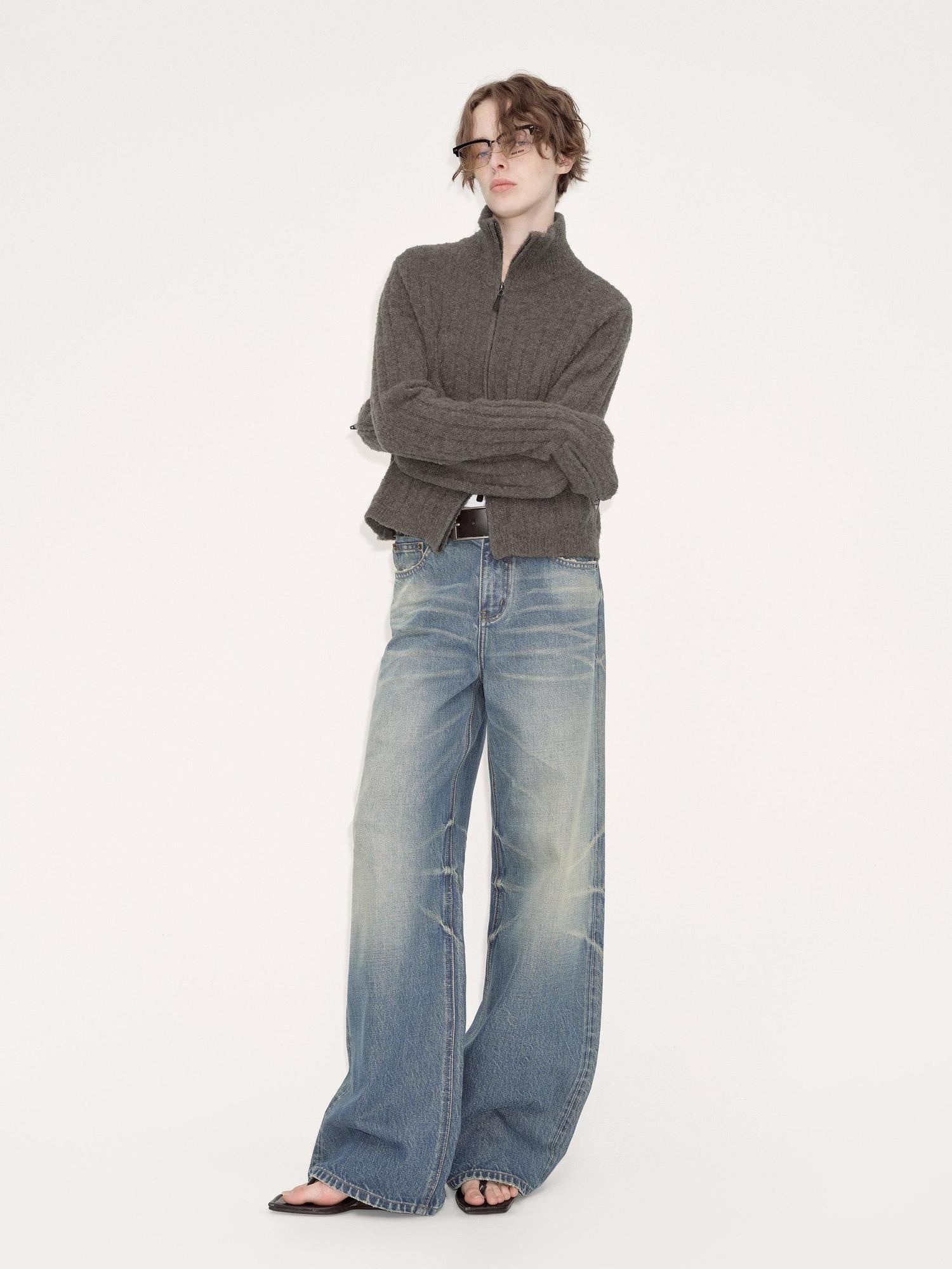 RUN TO THE FUTURE Acrylic Wool Blend Slim Zip High Neck Office Cropped Olive Cardigans