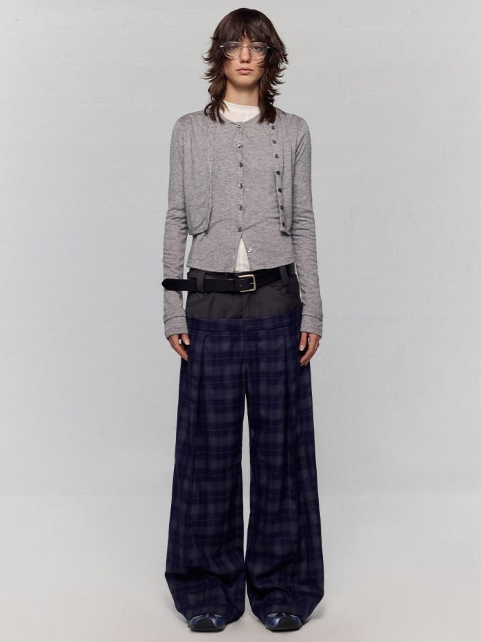 RUN TO THE FUTURE Original Double Waist Pockets Low Rise Wide Leg Women Blue Grey Plaid Chinos