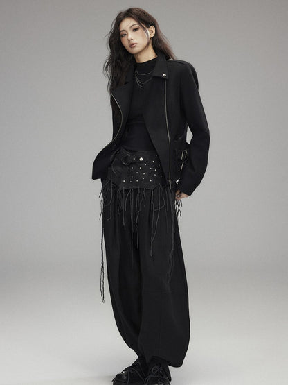 Low pixel Low Rise Wool Blend Micro Stretch Casual Zip Fly Women Black Wide Leg Pants