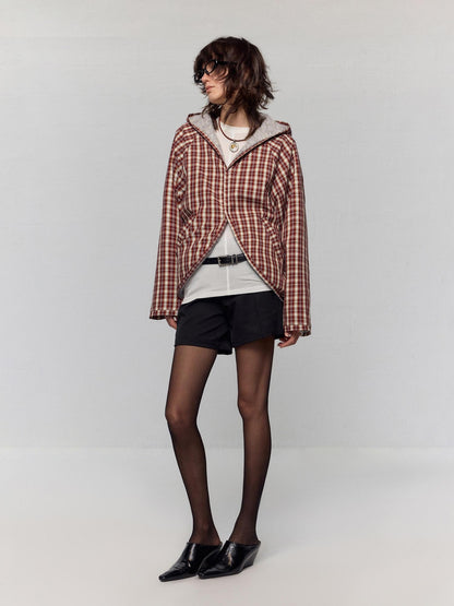 RUN TO THE FUTURE Original Design Loose Fit Contrast Plaid Pocket Zip Up Women Poly Wool Hoodies
