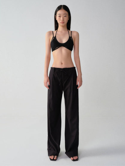 RUN TO THE FUTURE Low Waist Zip Fly Minimalist Relaxed Wide Leg Black Red Stripe Straight Pants