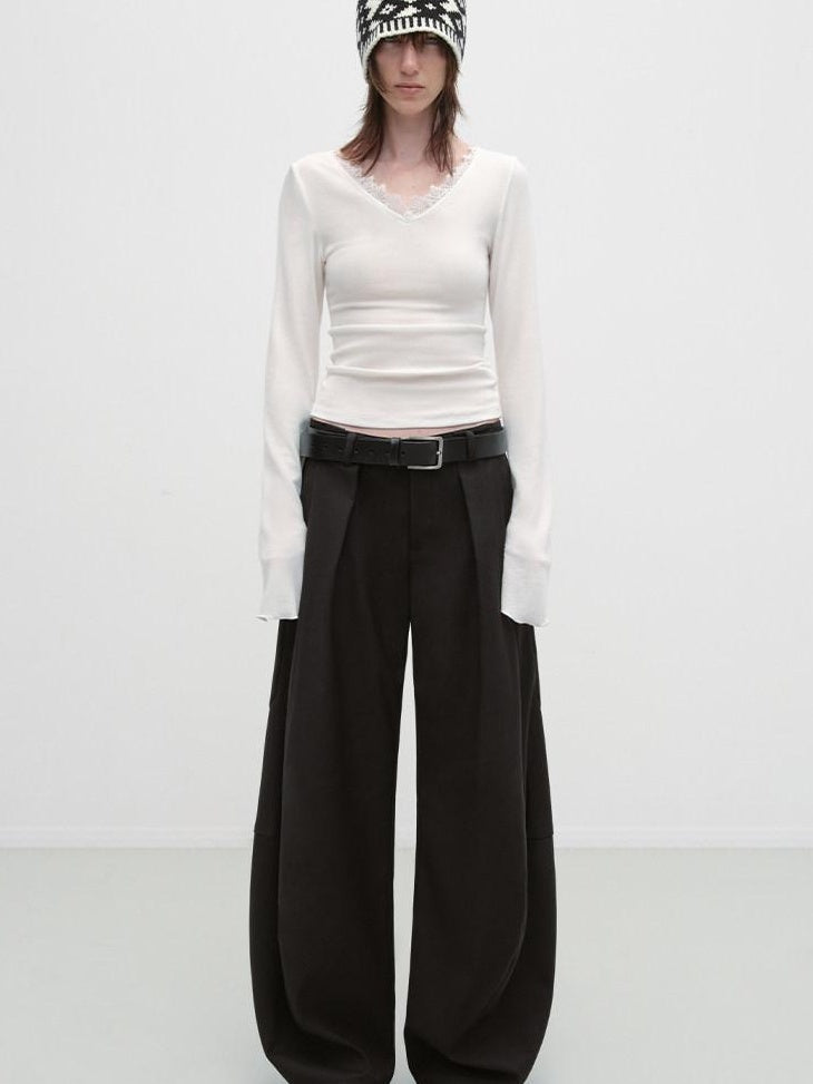 RUN TO THE FUTURE Pleated Minimalist Mid Rise Micro Stretch Casual Loose Fit Black Wide-Leg Pants