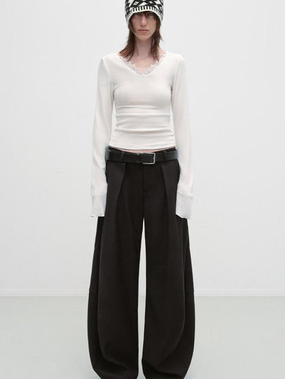 RUN TO THE FUTURE Pleated Minimalist Mid Rise Micro Stretch Casual Loose Fit Black Wide-Leg Pants
