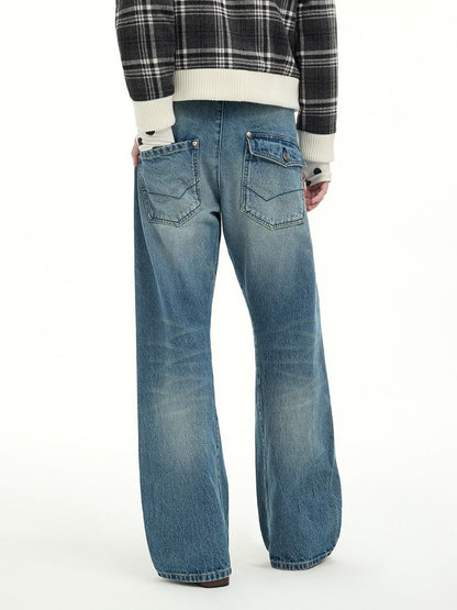 RUN TO THE FUTURE Washed Cotton Casual Natural Waist Topstitch Women Denim Blue Wide-Leg Jeans