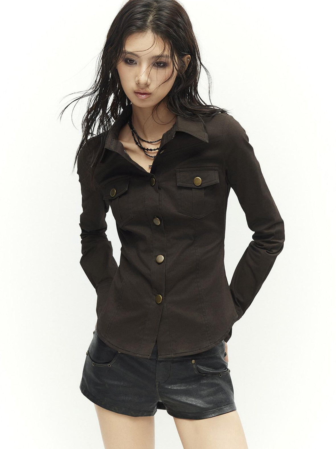 Low pixel Soft Vintage Slim Fit Button Front Collared Long Sleeve Cotton Back Print Shirts