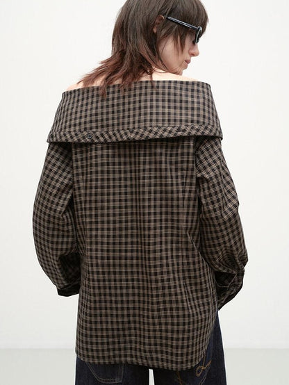 RUN TO THE FUTURE Original Design Breathable Cotton Loose Fit Plaid Bardot Womens Blouses