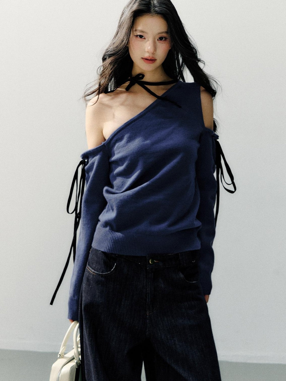 7Shiftin Cozy Casual Loose Backless Women Knit Pullover Blue Long Sleeve Sweaters