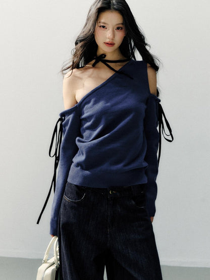 7Shiftin Cozy Casual Loose Backless Women Knit Pullover Blue Long Sleeve Sweaters