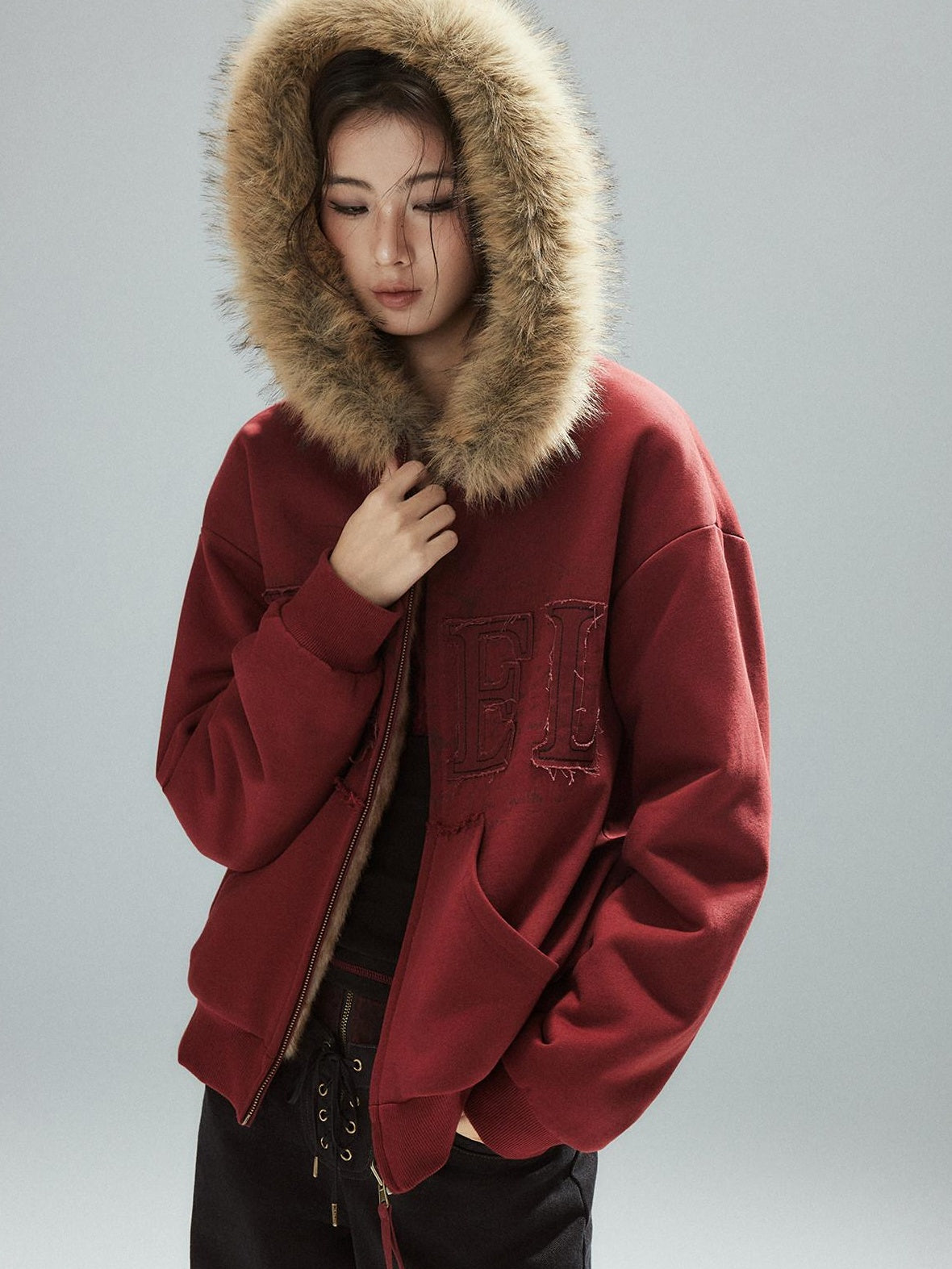 Low pixel Thick Warm 100 Percent Cotton Street Loose Fit Zip Up Women Red Oversized Hoodie