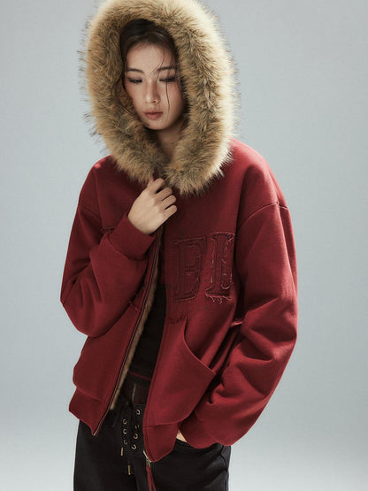 Low pixel Thick Warm 100 Percent Cotton Street Loose Fit Zip Up Women Red Oversized Hoodie