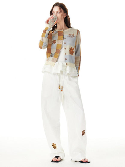OuttheBlue Cotton Drawstring Pockets Natural Waist Workwear Long White Wide Leg Pants