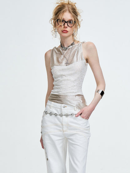 The NeverMore Original Chain Ruching 3D Buttons Slim Fit Cotton Blend Women White Tank Tops