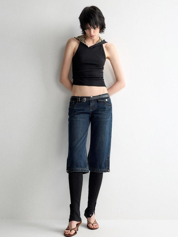 RUN TO THE FUTURE Durable Vintage Deep Blue Casual Low Rise Straight Fit Zipper Denim Shorts