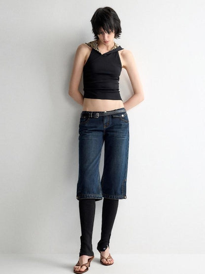 RUN TO THE FUTURE Durable Vintage Deep Blue Casual Low Rise Straight Fit Zipper Denim Shorts