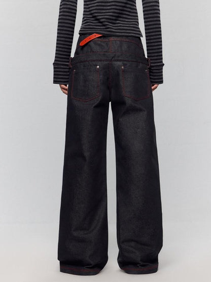 RUN TO THE FUTURE Low Rise Colorblock Loose Fit Zip Fly Black Denim Stretch Wide-Leg Jeans