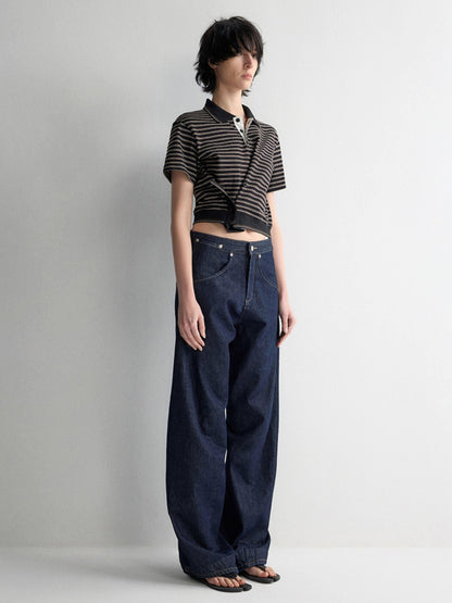 RUN TO THE FUTURE Breathable Cotton Slim Fit Asymmetric Henley Striped Low Waist Women Crop Tops