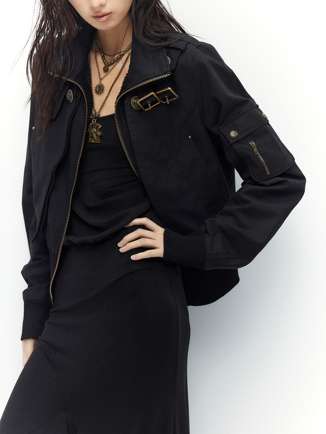 Low pixel Plush Lined Waist Cinch Dark Goth Slim Fit Women Zip High Collar Cropped Jackets
