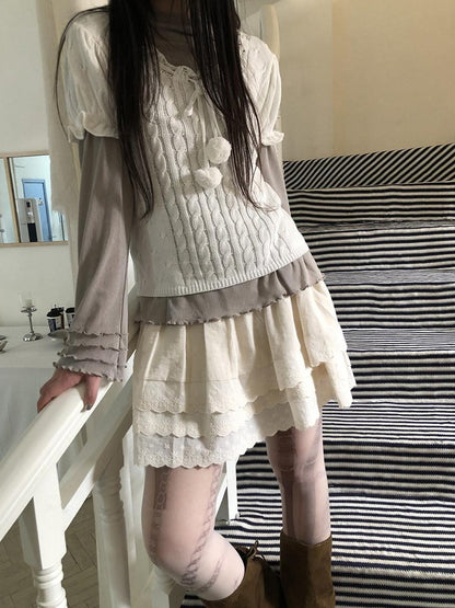 ang project Light Apricot Lace Spliced Embroidered High Waist Elastic A Line Women&