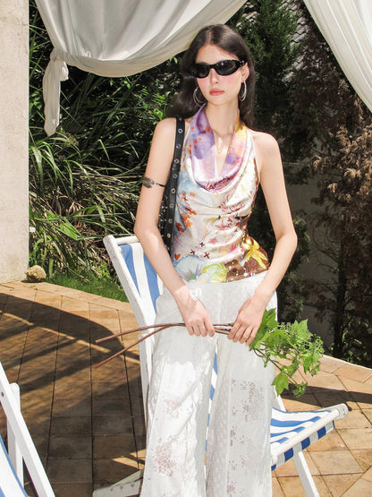 OfAkiva Purple Printed Draped Halter Backless Cropped Women&