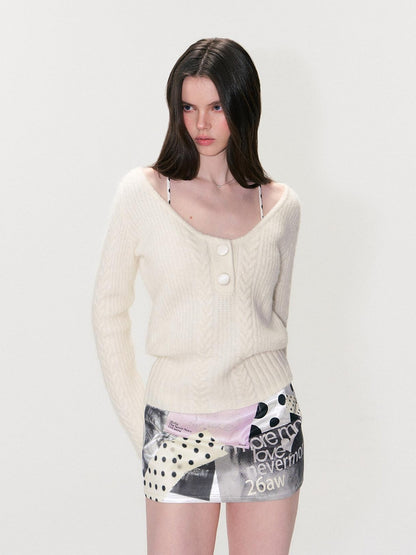 The NeverMore Soft Vintage Oversized Button V-neck Pullover Knit Wool Blend Girls Sweaters