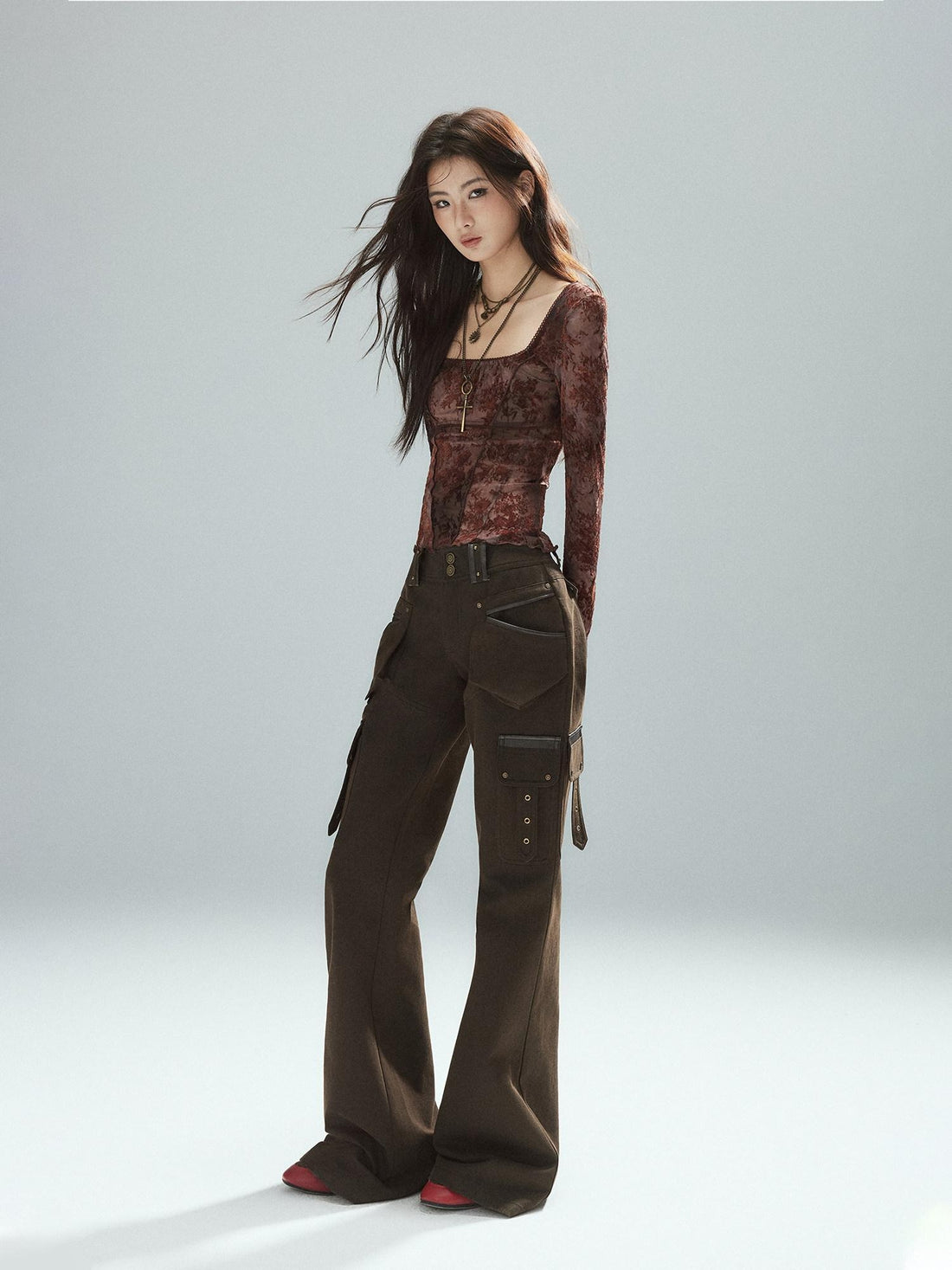 Low pixel Flocked Print Slim Square Neck Street Style Women Red Long Sleeve Crop Tops