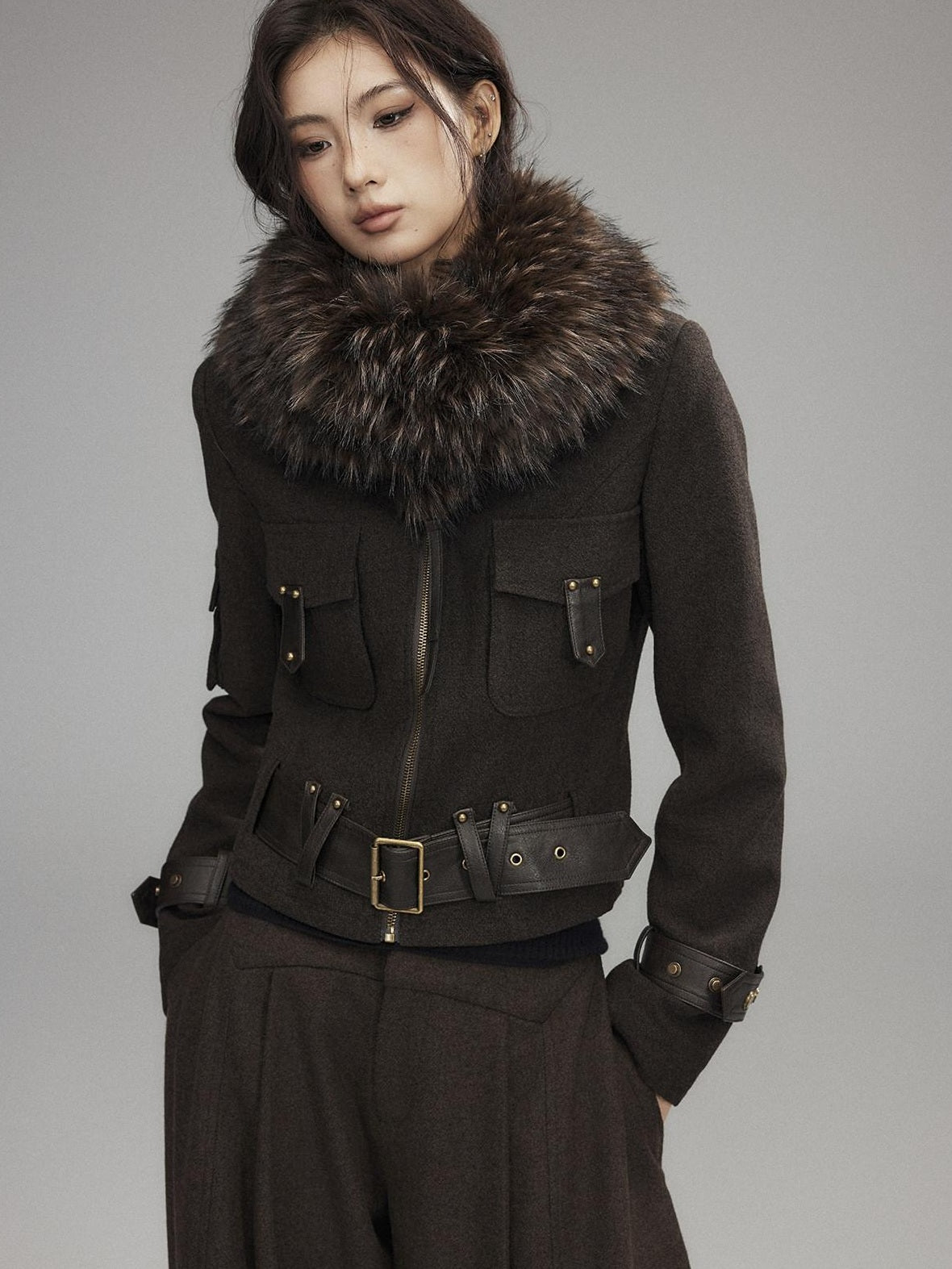Low pixel Thick Wool Blend Slim Fit Sexy Lapel Zipper Brown Everyday Women Cropped Jackets