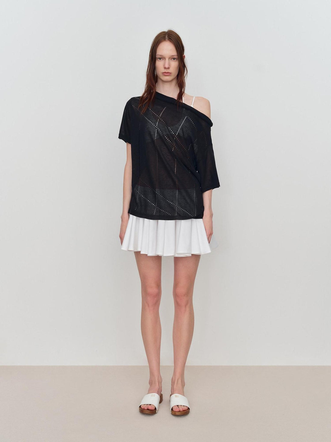 RUN TO THE FUTURE Viscose Knit Loose Cutout Slanted Neck Black Cross Print Short Sleeve T-Shirts