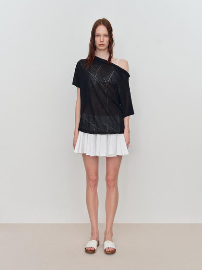 RUN TO THE FUTURE Viscose Knit Loose Cutout Slanted Neck Black Cross Print Short Sleeve T-Shirts