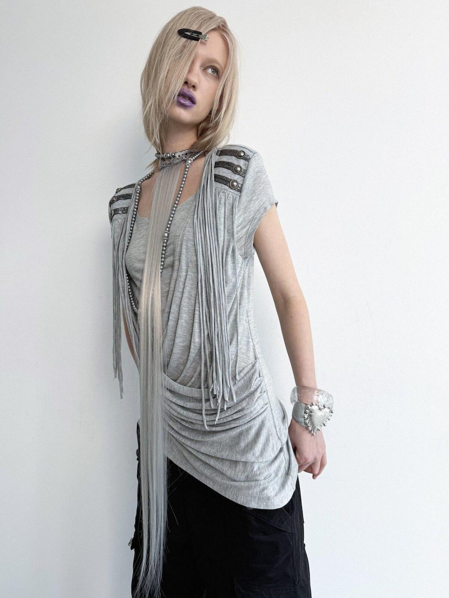 DoublePunch Desert Sand Asymmetric Draped Tassel Knit Women&