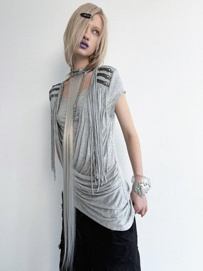 DoublePunch Desert Sand Asymmetric Draped Tassel Knit Women&