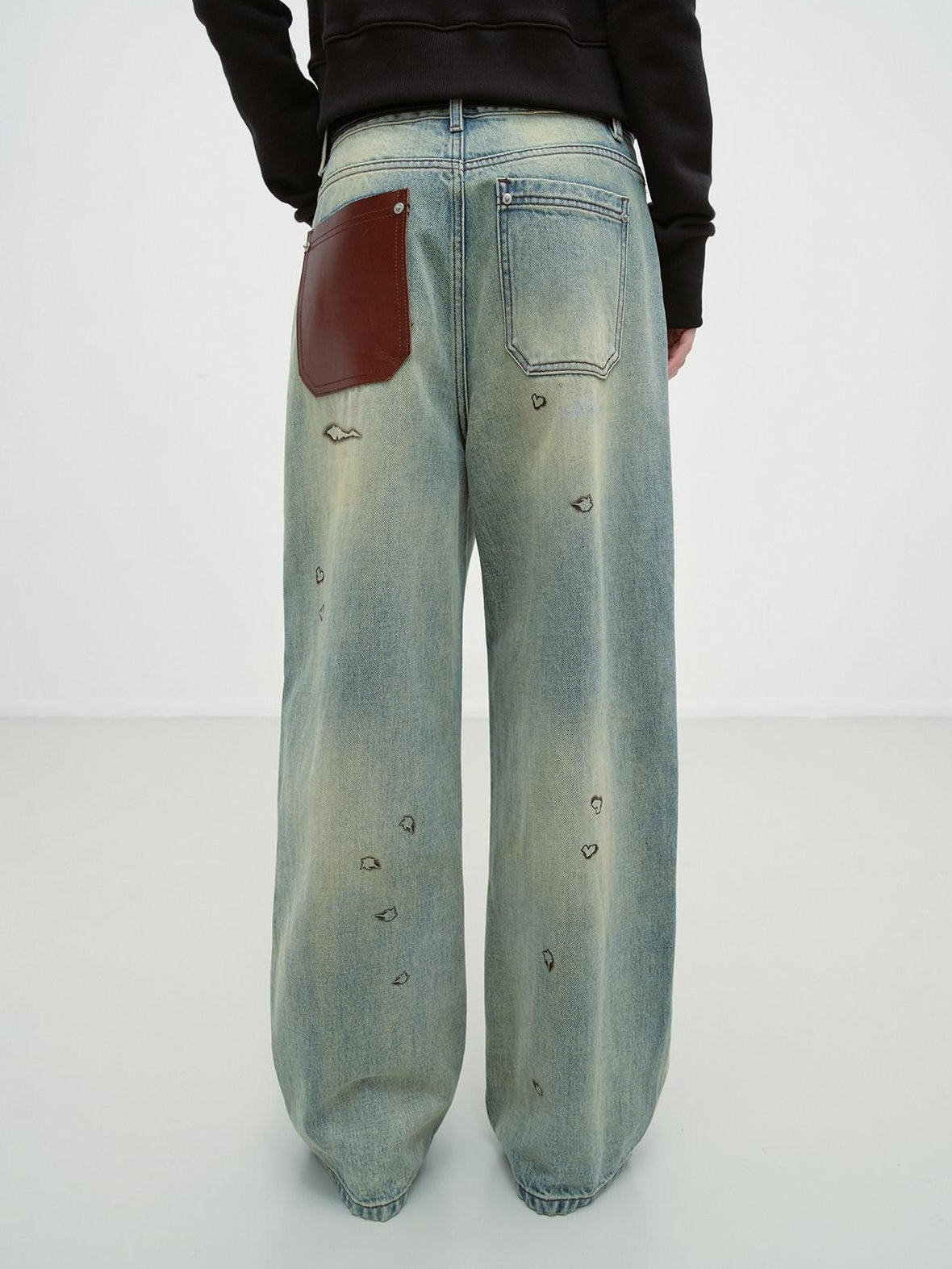 RUN TO THE FUTURE Durable Washed Low Rise Asymmetrical Vintage Unisex Printed Denim Wide-Leg Jeans