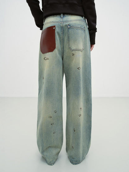 RUN TO THE FUTURE Durable Washed Low Rise Asymmetrical Vintage Unisex Printed Denim Wide-Leg Jeans