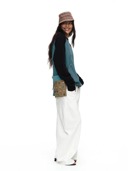oinimi Khaki Stripe Button Badge Studded Square Women&