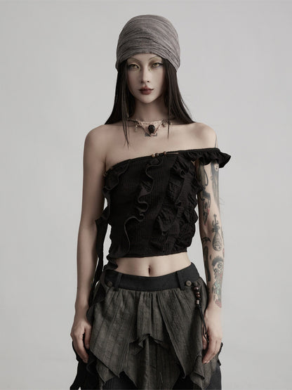 INDULGE_Spliced_Patchwork_Original_Slim_Fit_Solid_Black_Women_Bandeau_Tops_MISSTT