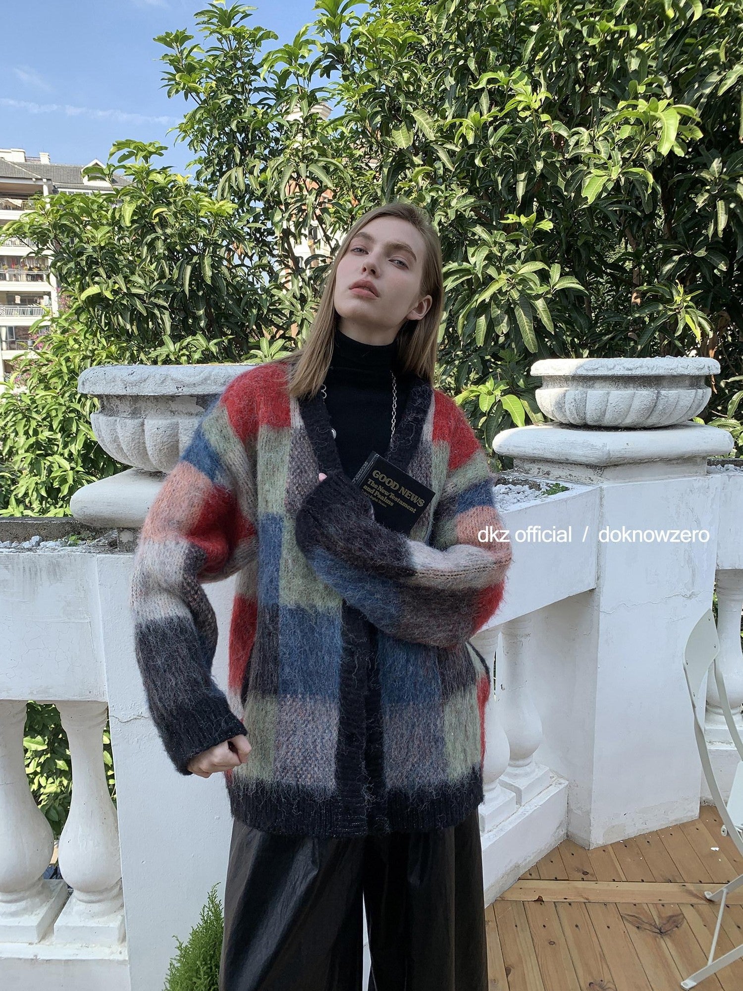 DKZ OFFICIAL Retro Colorful Plaid Knit Buttoned Loose Women&