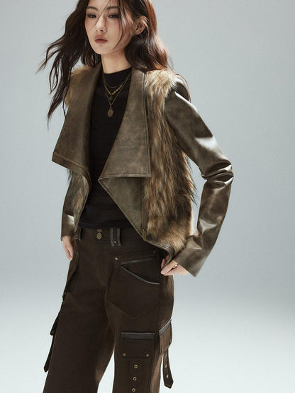 Low pixel Thick Waist Cinch Patchwork Street Style Women Brown Zipper Lapel Cropped Jackets