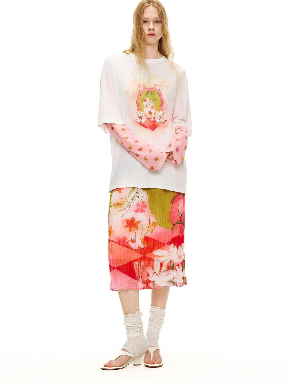 OuttheBlue Cat Garden Print Casual Loose Drop Shoulder Round Neck Long Sleeve T-Shirts