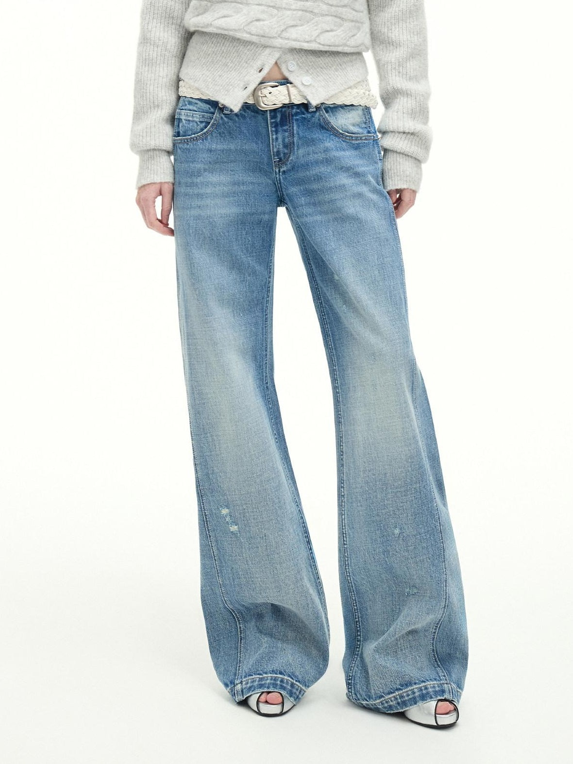 RUN TO THE FUTURE Vintage Washed Flared Cotton Natural Waist Women Blue Wide-Leg Jeans