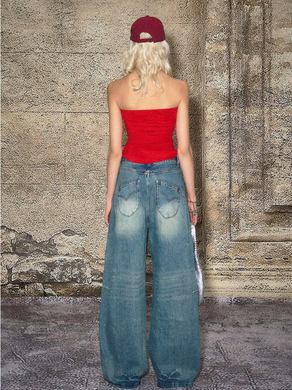 The NeverMore Durable Distressed Relaxed Loose Natural Waist Blue Denim Wide Leg Jeans